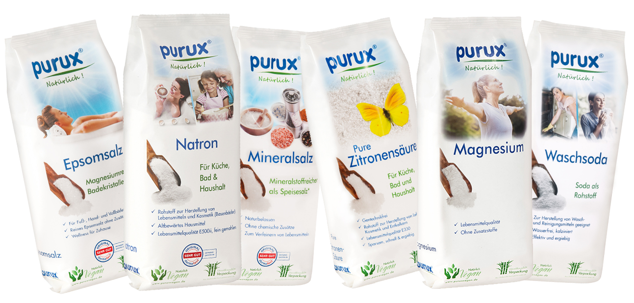 Purux Einzel Beutel von Epsomsalz, Natron, Mineralsalz, Pure Zitronensäure, Magnesium und Waschsoda auf weißem Hintergrund